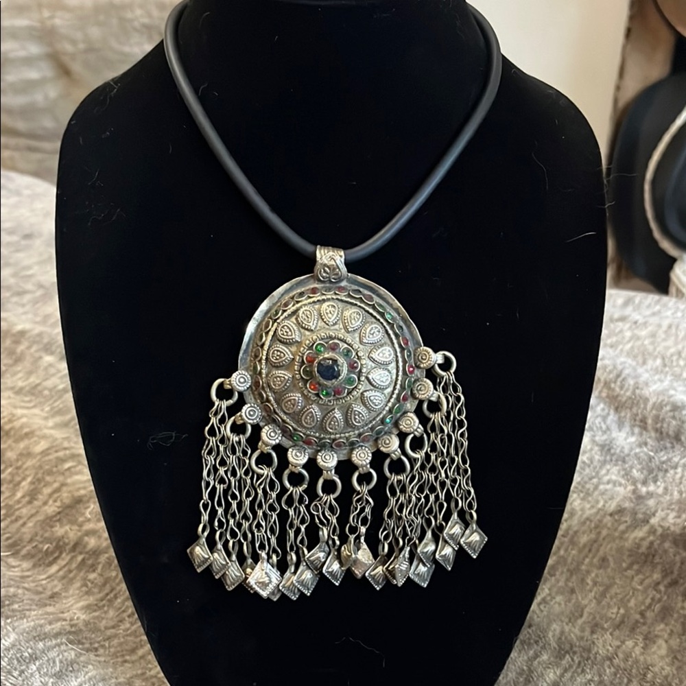 Tibetan Silver Pendant statement Necklace with Chain Fringe.